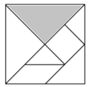 A geometrical puzzle consisting of a square cut into seven pieces which can be arranged to make various other shapes. Pieces include five triangles (two small triangles, one medium triangle, and two large triangles), a square, and a parallelogram. One of the large triangles is shaded.