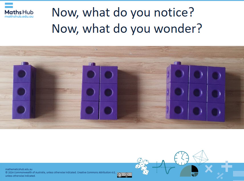 Slide with text What do you notice? What do you wonder? Under text shows four purple toy blocks on a wooden surface. The first block consists of 3 smaller blocks stacked together, the second has 6 blocks, and the last block is composed of 9 blocks.