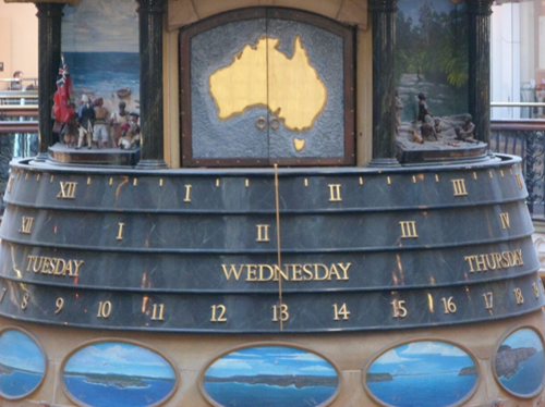 Flat circular clock made up of four horizontal rings that revolve and meet at one midpoint to show the day, date and time. This is indicated by a vertical line that shows the point of alignment. The lowest ring shows the dates. The ring above that shows days of the week. The ring above that shows hours in the day from 1 to 12 written in Roman numerals. The top ring shows number 1 to 12 in Roman numerals. Atop the clock is a golden map of Australia.