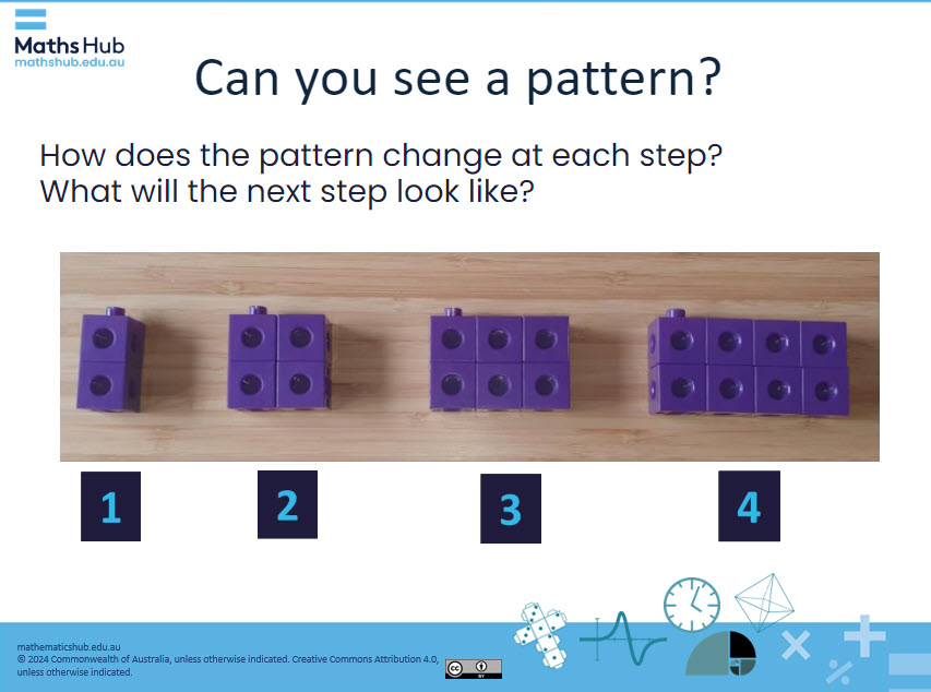 Slide with text Can you see pattern? Under text shows four purple toy blocks on a wooden surface. The first block consists of 2 smaller blocks stacked together, the second has 4 blocks, the third is made of 6 blocks, and the last block is composed of 8 blocks.